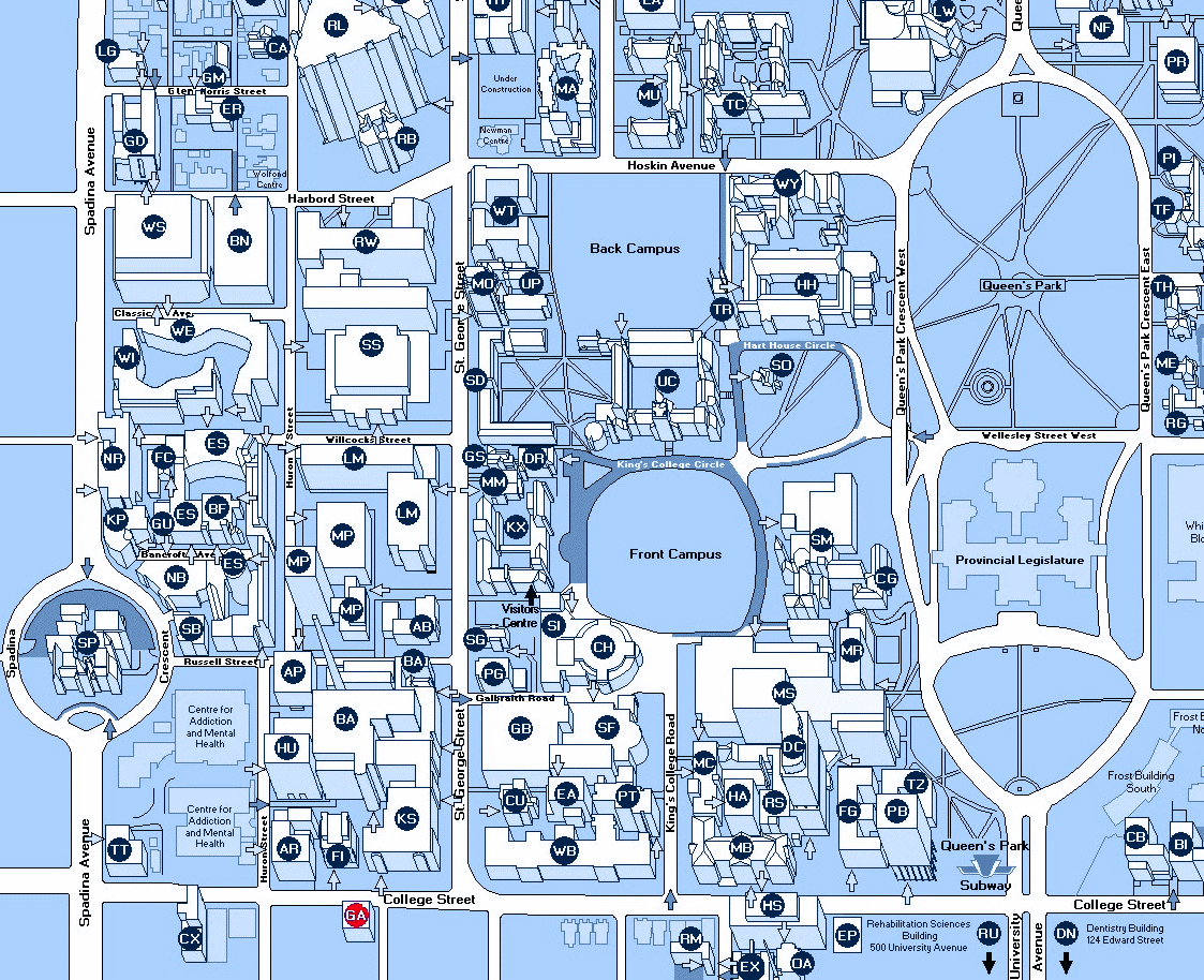 Map showing the Gage building at College and Ross Streets